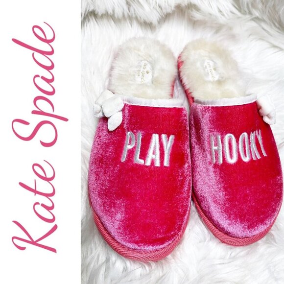 KATE SPADE PLAY HOOKY PINK VELVET SLIPPERS FAUX FUR LINING, SIZE 7 - Picture 1 of 10
